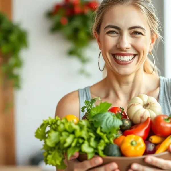 Mulher sorridente com uma tigela de frutas e vegetais.