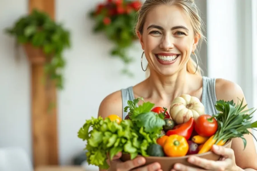 Mulher sorridente com uma tigela de frutas e vegetais.