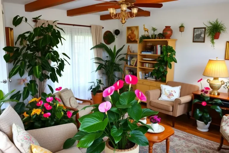 Ambiente decorado com antúrios e elementos vintage dos anos 80.