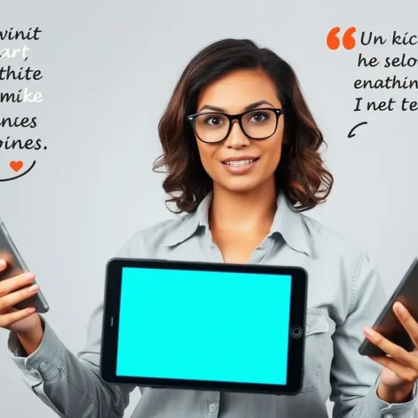 Mulher empreendedora apresentando sua marca com recursos digitais.