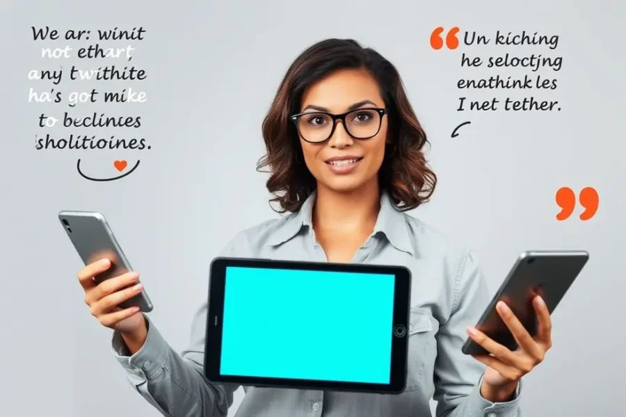 Mulher empreendedora apresentando sua marca com recursos digitais.