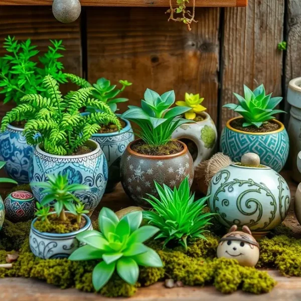 Várias mini kokedamas em um fundo rústico, mostrando sua diversidade e encantamento.