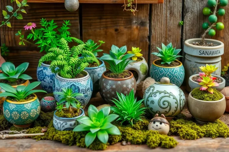 Várias mini kokedamas em um fundo rústico, mostrando sua diversidade e encantamento.