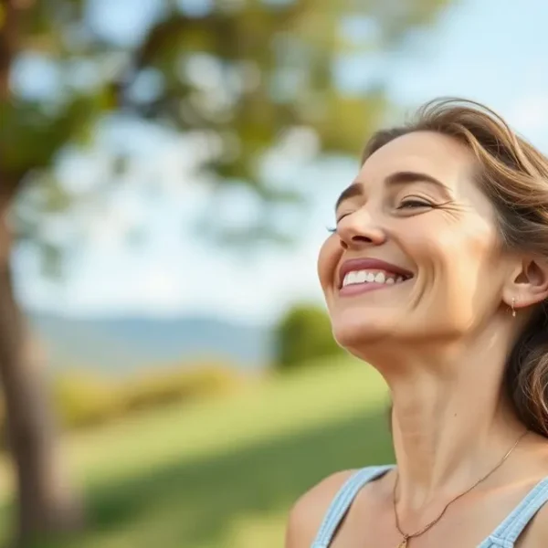 Mulher respirando fundo em um ambiente saudável, simbolizando bem-estar.