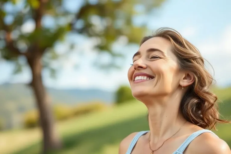Mulher respirando fundo em um ambiente saudável, simbolizando bem-estar.