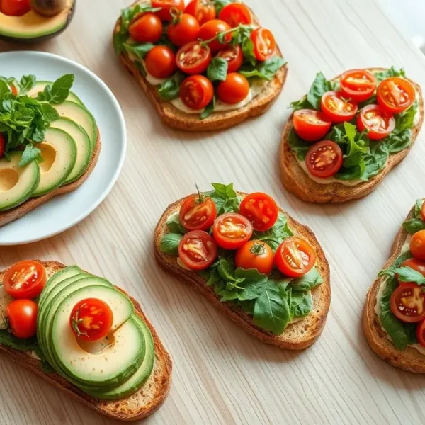 Seleção de torradas saudáveis com abacate, tomate e folhas verdes.