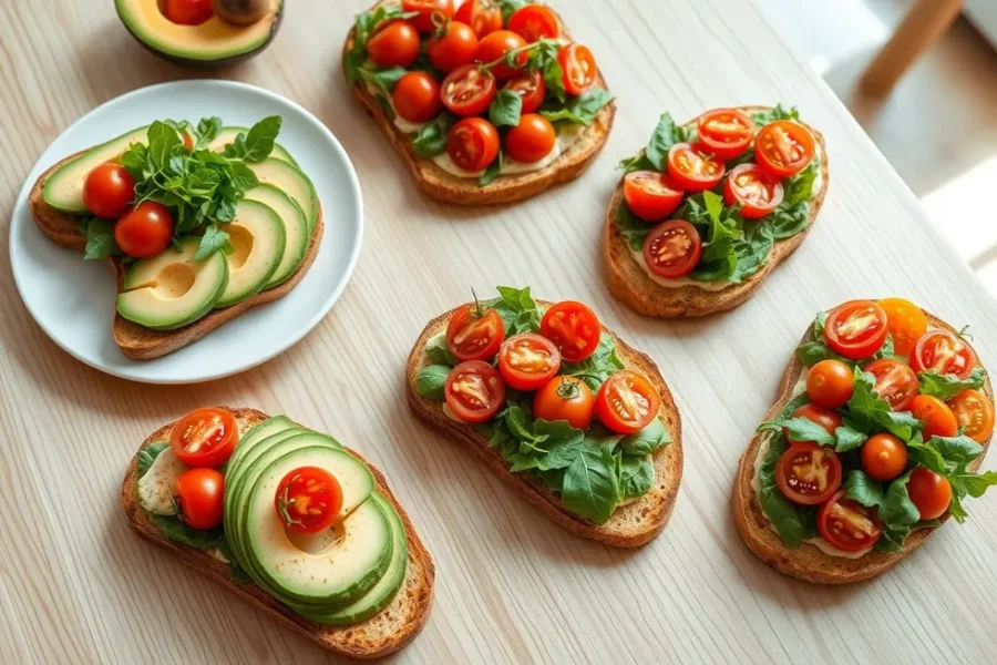 Seleção de torradas saudáveis com abacate, tomate e folhas verdes.