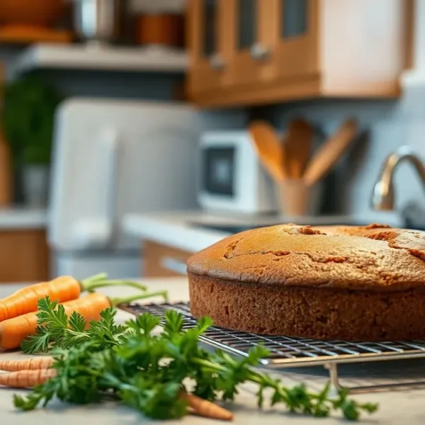 Cozinha acolhedora com bolo de cenoura no balcão