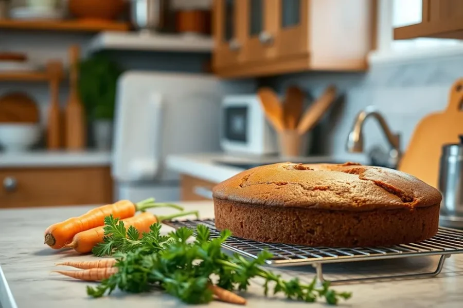 Cozinha acolhedora com bolo de cenoura no balcão