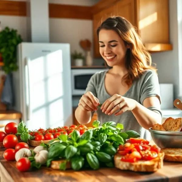 Uma mulher prepara bruschetta com ingredientes frescos.