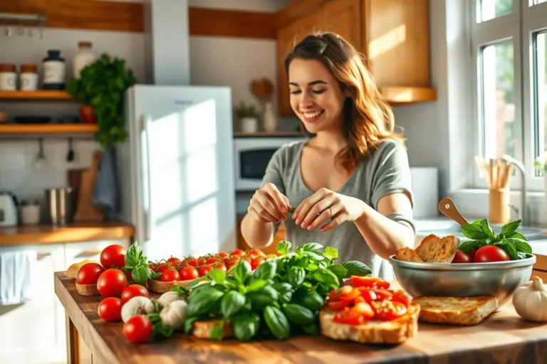 Uma mulher prepara bruschetta com ingredientes frescos.