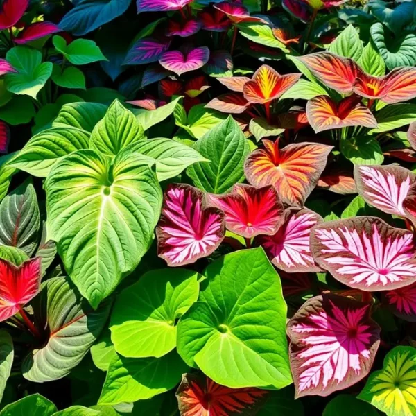 Uma variedade de plantas Caladium em um jardim exuberante.