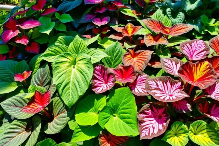Uma variedade de plantas Caladium em um jardim exuberante.