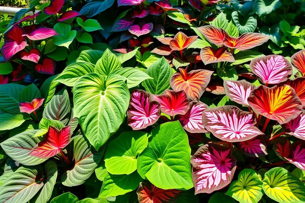 Descubra 7 Motivos para Amar o Caladium e Como Cuidar Dessa Belleza Tropical 8 Uma variedade de plantas Caladium em um jardim exuberante.