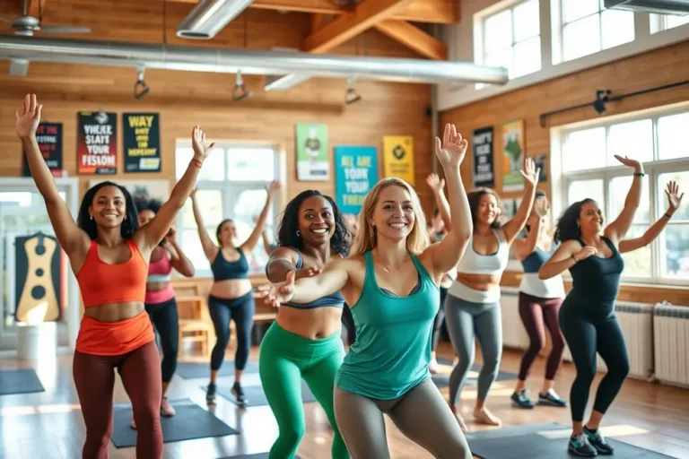 Grupo de mulheres se exercitando, simbolizando empoderamento e promoção da saúde do coração.