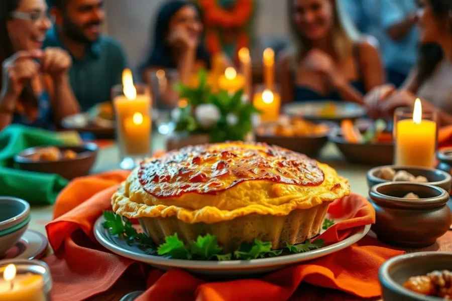 Prato de escondidinho preparado e decorado, muito apetitoso.