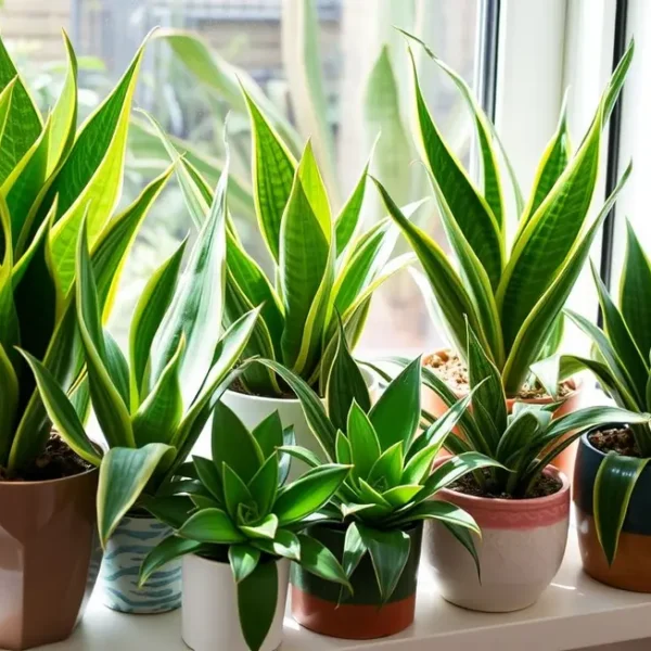 Arranjo de várias plantas Espada de São Jorge, destacando sua beleza e vitalidade.