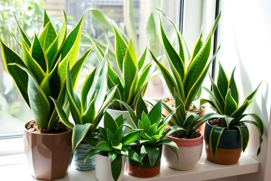 Arranjo de várias plantas Espada de São Jorge, destacando sua beleza e vitalidade.