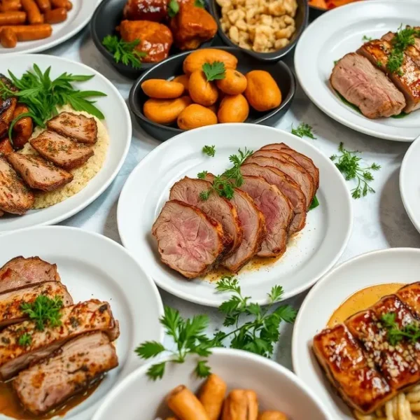 Diferentes pratos de filé mignon suíno dispostos à mesa, prontos para um jantar especial.