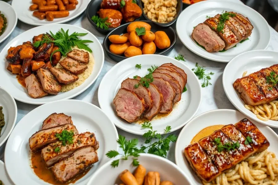 Diferentes pratos de filé mignon suíno dispostos à mesa, prontos para um jantar especial.
