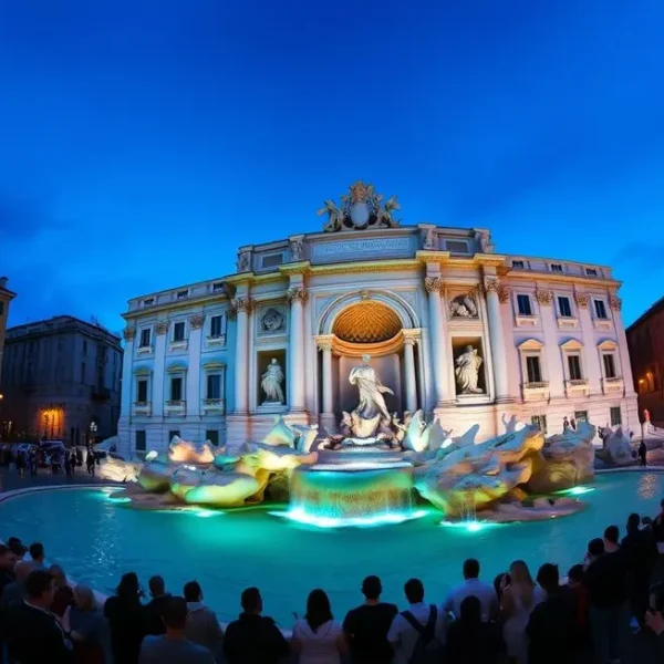 Vista panorâmica da Fontana di Trevi iluminada ao entardecer, cheia de visitantes.