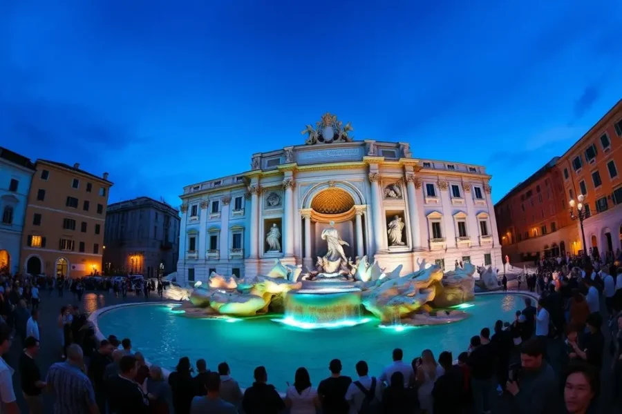 Vista panorâmica da Fontana di Trevi iluminada ao entardecer, cheia de visitantes.