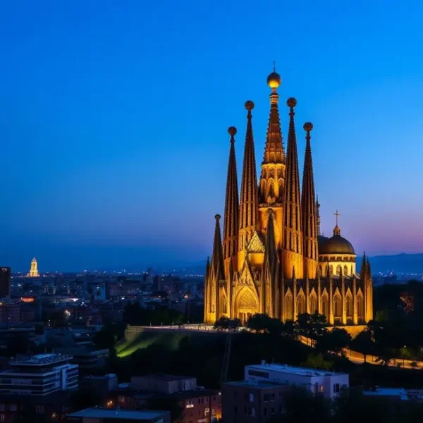 Panorama da Sagrada Família iluminada ao anoitecer, com o céu de Barcelona ao fundo.