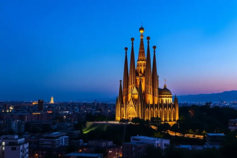 Panorama da Sagrada Família iluminada ao anoitecer, com o céu de Barcelona ao fundo.