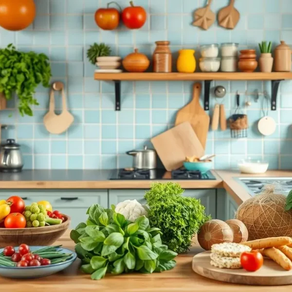 Cenário de cozinha vibrante com opções de comida sem lactose.