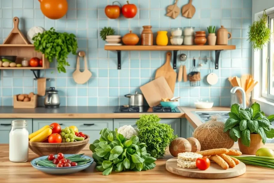 Cenário de cozinha vibrante com opções de comida sem lactose.