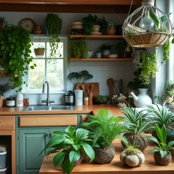 Cozinha com várias plantas kokedama, criando um ambiente esteticamente agradável.