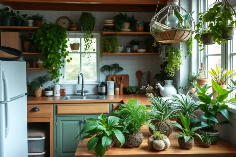 Cozinha com várias plantas kokedama, criando um ambiente esteticamente agradável.
