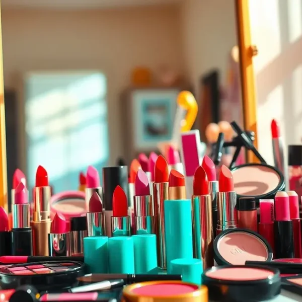 Mesa de maquiagem com cosméticos coloridos, ideal para rotinas práticas de beleza.