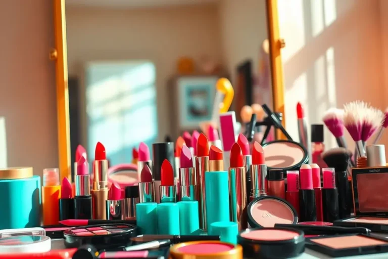 Mesa de maquiagem com cosméticos coloridos, ideal para rotinas práticas de beleza.