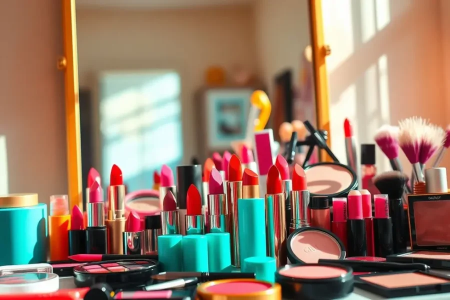 Mesa de maquiagem com cosméticos coloridos, ideal para rotinas práticas de beleza.