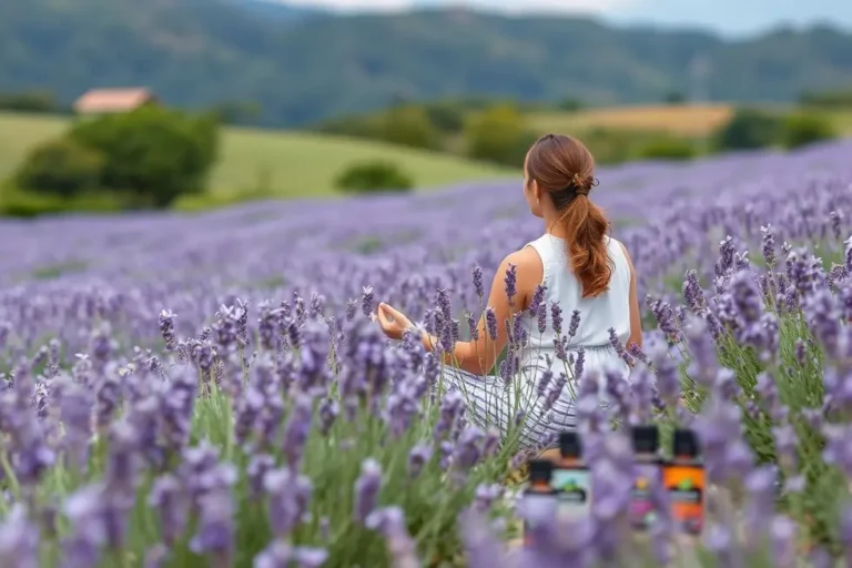 Mulher meditando no campo de lavanda com frascos de óleos essenciais ao redor.