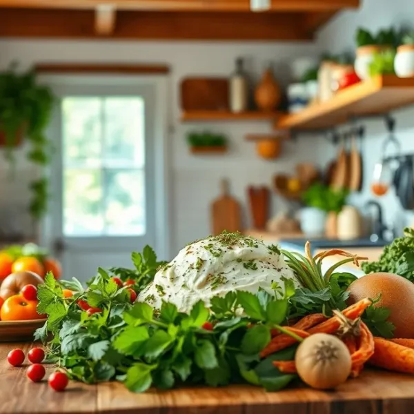 Cozinha aconchegante com pratos saudáveis feitos com requeijão de caju.