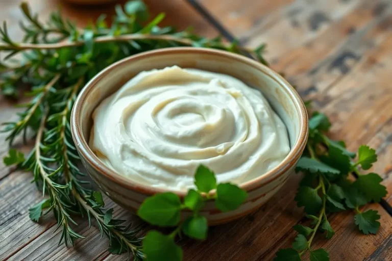 Imagem de um bowl de requeijão de caju decorado com ervas frescas.