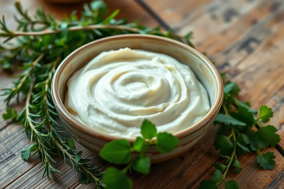 Descubra o Requeijão de Caju: 5 Receitas Saudáveis e Práticas 8 Imagem de um bowl de requeijão de caju decorado com ervas frescas.