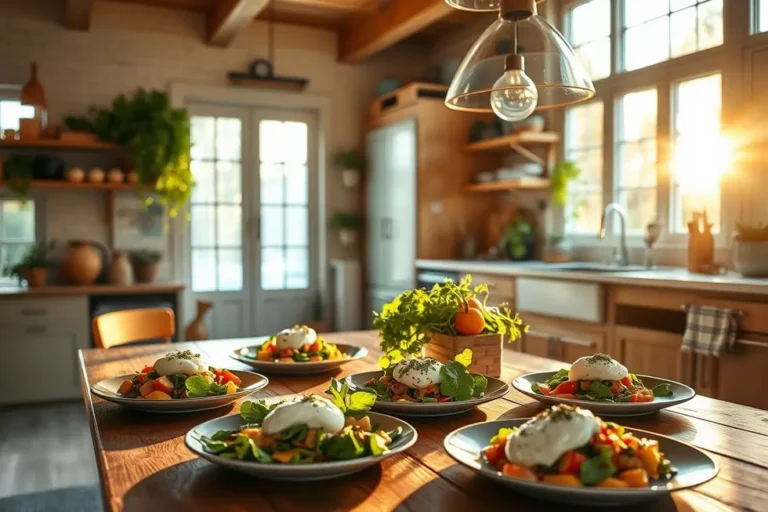 Uma cozinha iluminada apresentando uma mesa com pratos saudáveis feitos com requeijão de caju.