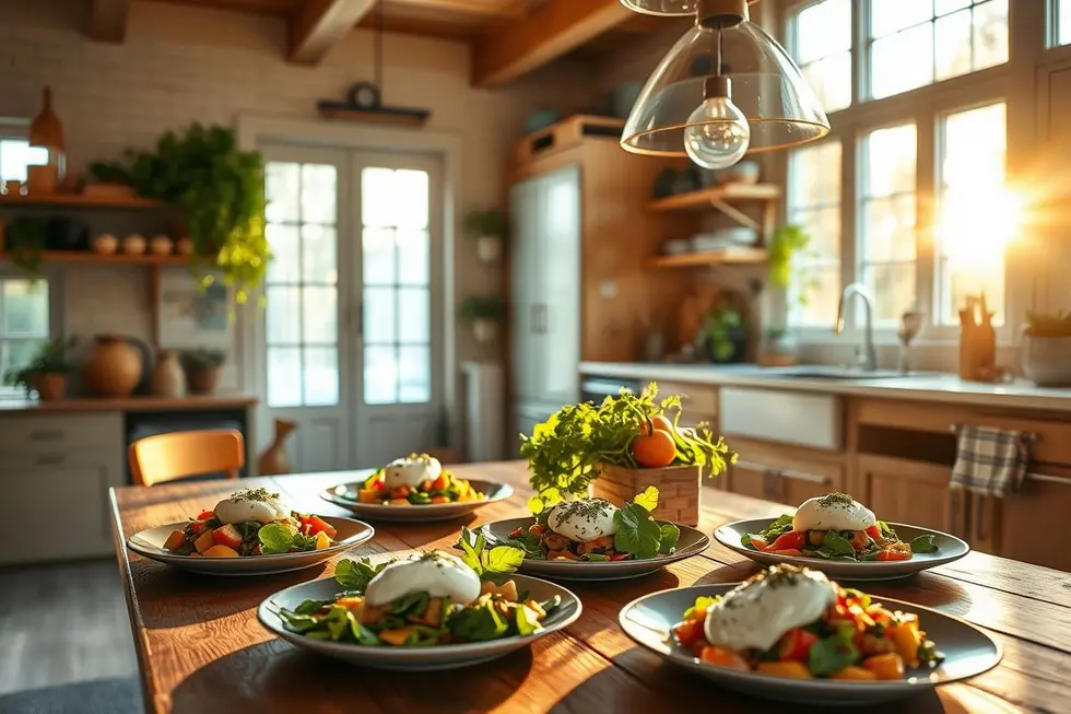 Descubra 7 Receitas de Requeijão de Caju que Encantam Mulheres em Busca de Praticidade 8 Uma cozinha iluminada apresentando uma mesa com pratos saudáveis feitos com requeijão de caju.