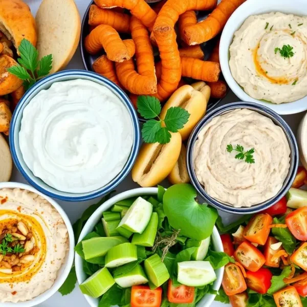 Uma bandeja colorida com pratos que possuem requeijão de caju, mostrando opções saudáveis.