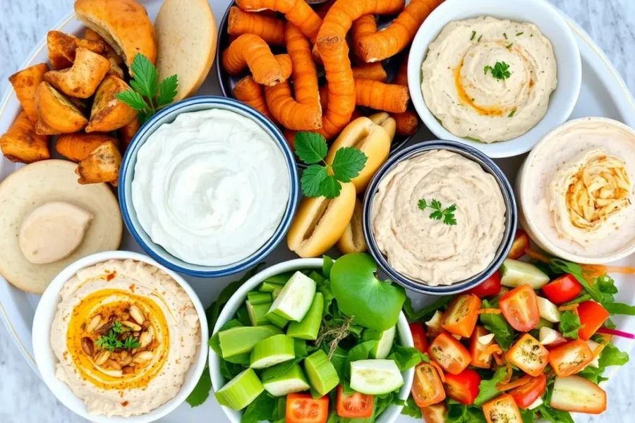 Uma bandeja colorida com pratos que possuem requeijão de caju, mostrando opções saudáveis.