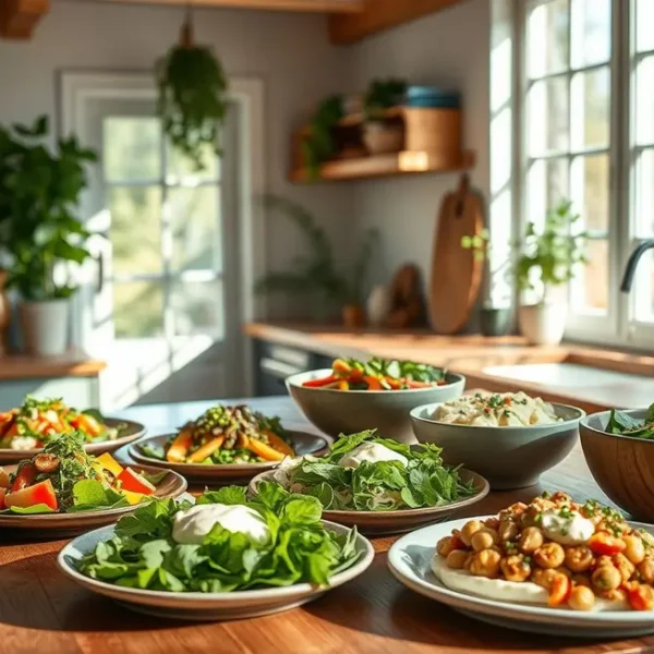Arranjo de pratos veganos com requeijão de caju em um ambiente de cozinha iluminado.