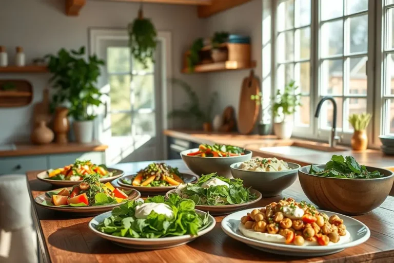 Arranjo de pratos veganos com requeijão de caju em um ambiente de cozinha iluminado.