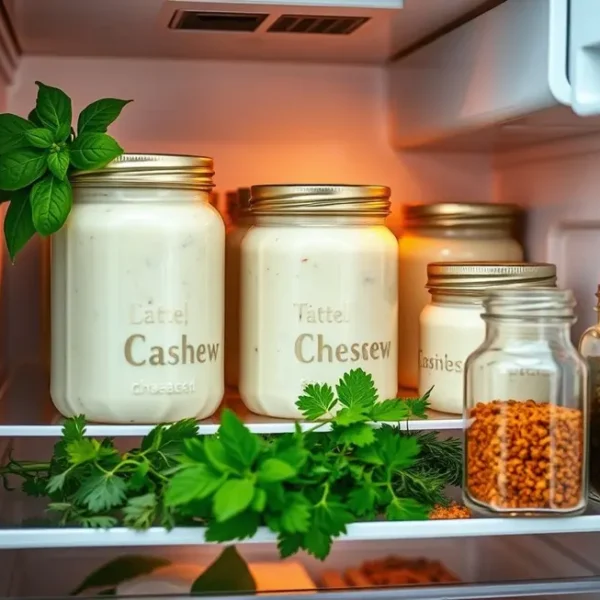 Cozinha organizada com requeijão de caju e ingredientes frescos.