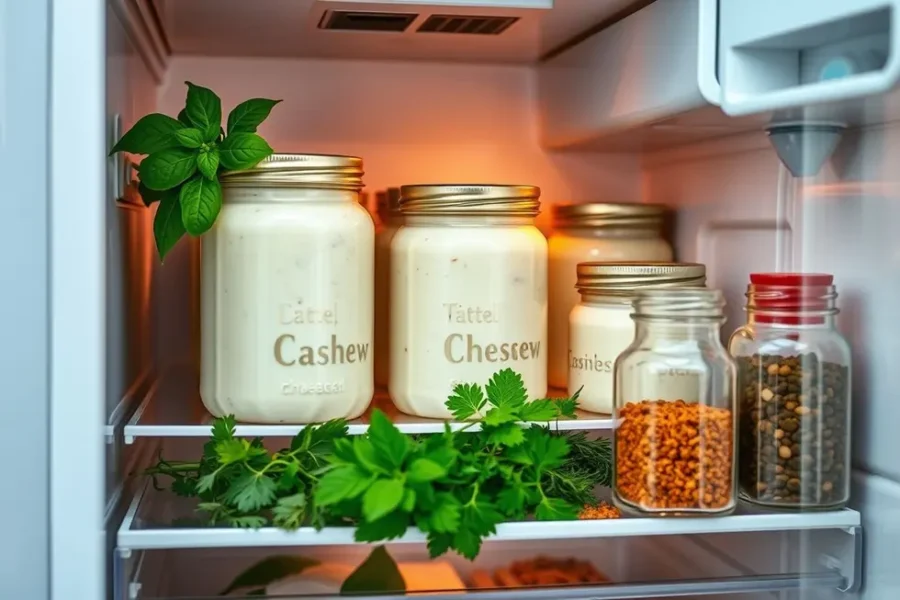 Cozinha organizada com requeijão de caju e ingredientes frescos.
