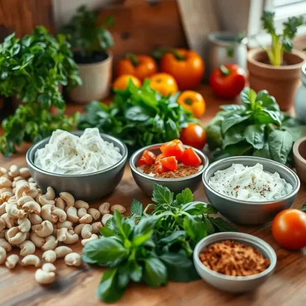 Ingredientes saudáveis para requeijão de caju em uma cozinha.