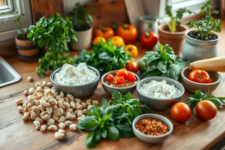 Ingredientes saudáveis para requeijão de caju em uma cozinha.