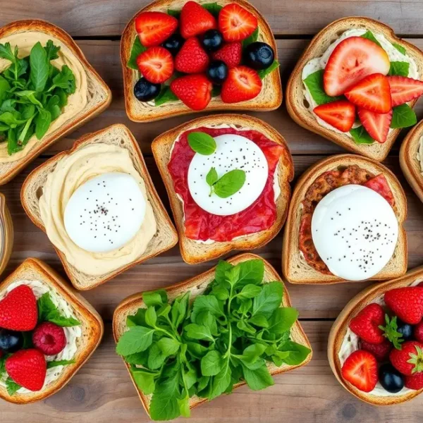 Variedade de torradas saudáveis sobre uma mesa de madeira.